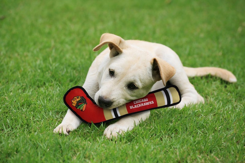 Pets First Dog Toy Tough Nylon with Inner Squeaker Licensed by NHL Chicago Blackhawks Hockey Stick Toy for Dogs & Cats. Play Hockey with Your Pet with This Licensed Dog Tough Toy - Image 4